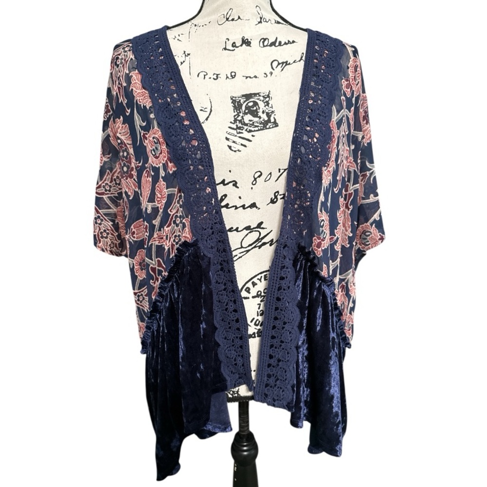 Velvet Crochet Lace Floral Kimono Boho Sheer Layering Cardigan Size M - Picture 3 of 8